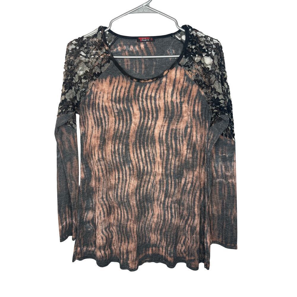 T Party Women’s medium Brown & Black Cold Shoulder Lace Long Sleeve Top